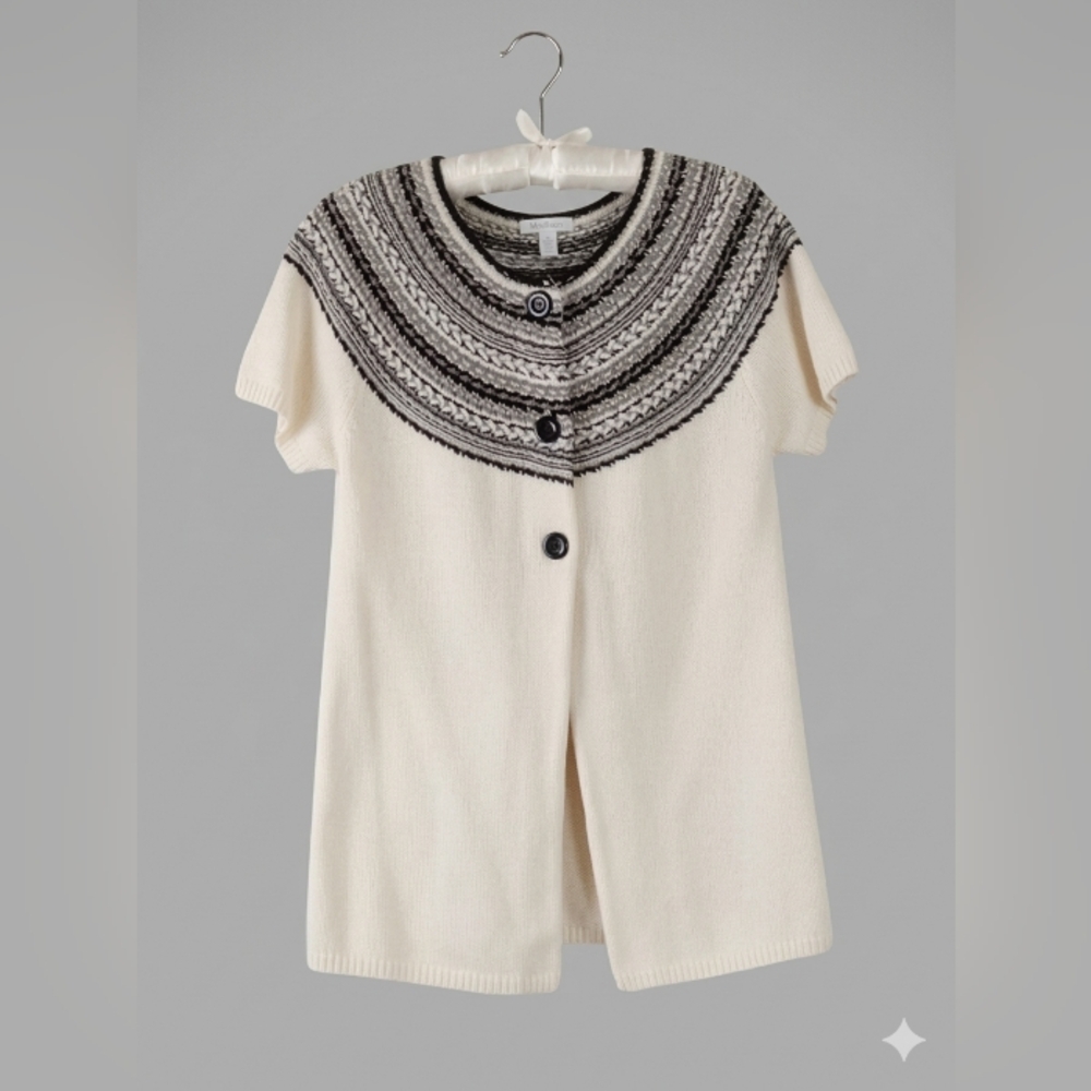 EUC Macy's Charter Club Short-Sleeved Cardigan, Black Silver And Cream, Size M